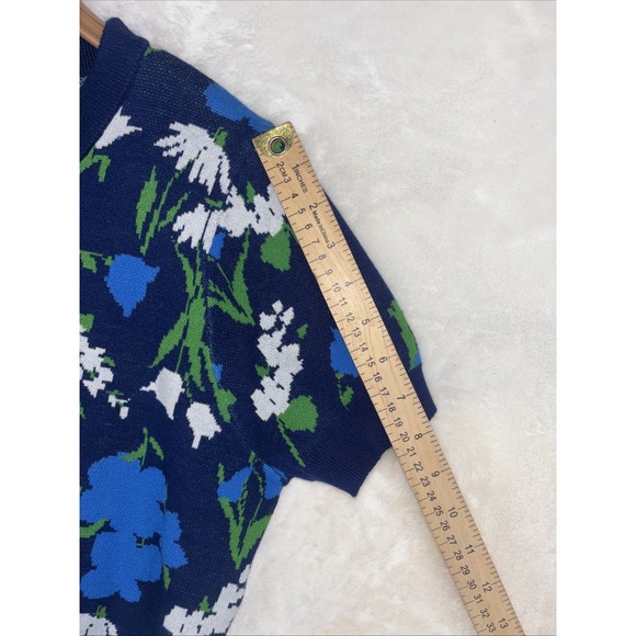 Kate Spade Floral Print Short Sleeve Crewneck Sweater Top Sz L Blue Pull Over - Picture 8 of 11